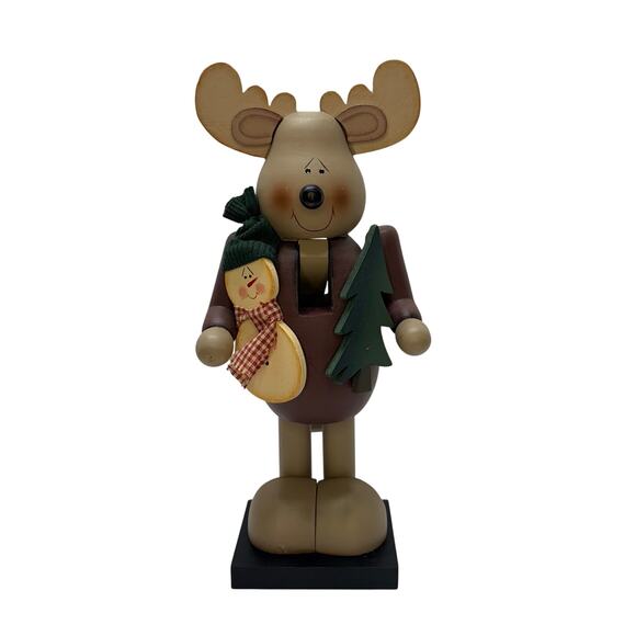 Wood Reindeer Nutcracker w/ Snowman & Tree Signed 2001 Folk Art Christmas Décor - Picture 1 of 8